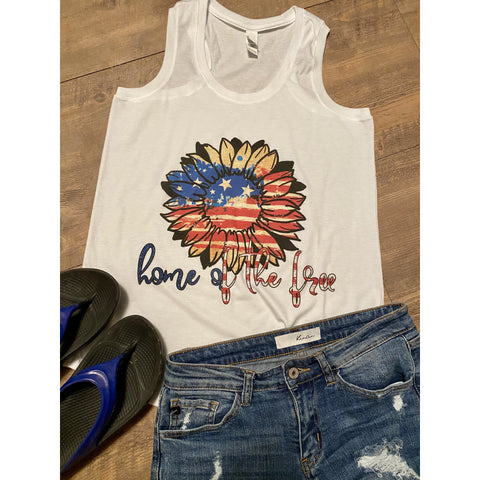 Home of the Free Sunflower on White Racer Back Tank Top (Fits True to Size)