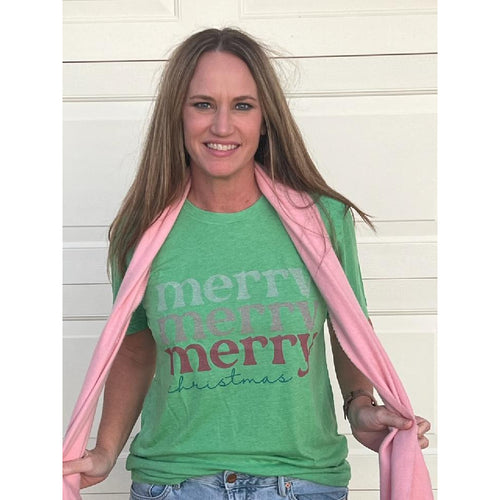 Merry Merry Merry Christmas Christmas on Green Crewneck (Fits True to Size)