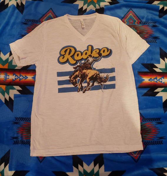 Rodeo on Heather White Bella Canvas Vneck (fits True to Size)