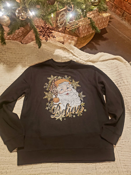 Leopard Believe Santa on Black Crewneck Sweatshirt