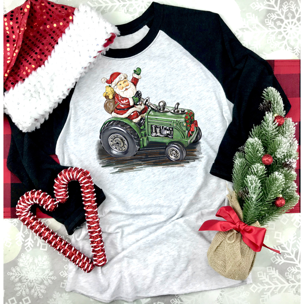 Green Tractor Santa on Black Sleeve Raglan (Fits True to Size)