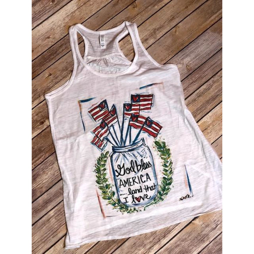 God Bless America on White Racerback Tank (Fits True to Size)