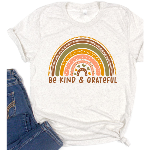 Rainbow Be Kind and Grateful on Oatmeal Crewneck (Fits True to Size)