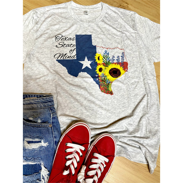 Texas State of Mind on Heather White Crewneck (Fits True to Size)