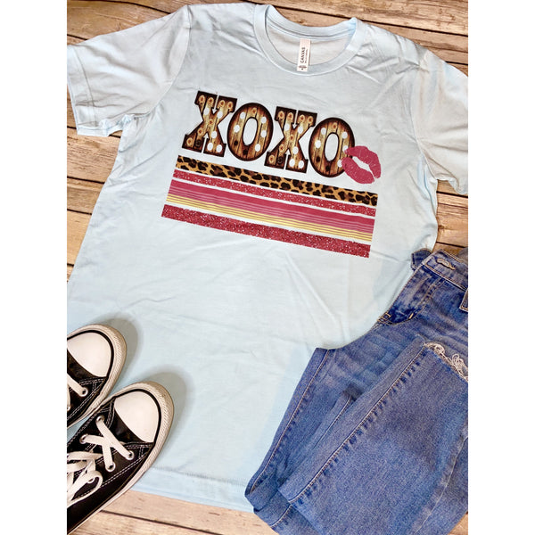 Pink XOXO on Ice Blue Crew Neck (Fits True to Size)