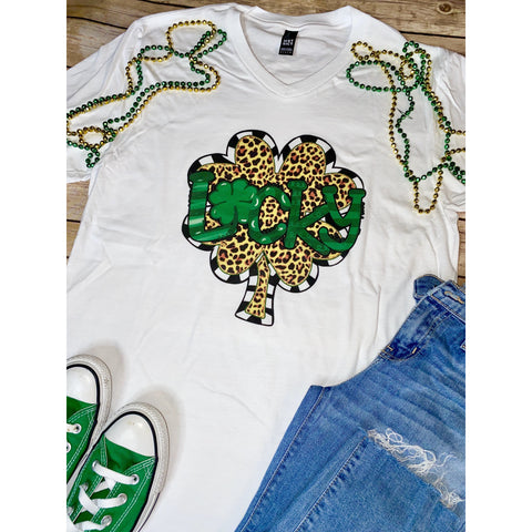 Lucky Clover Leopard on White V- Neck (Fits True to Size)
